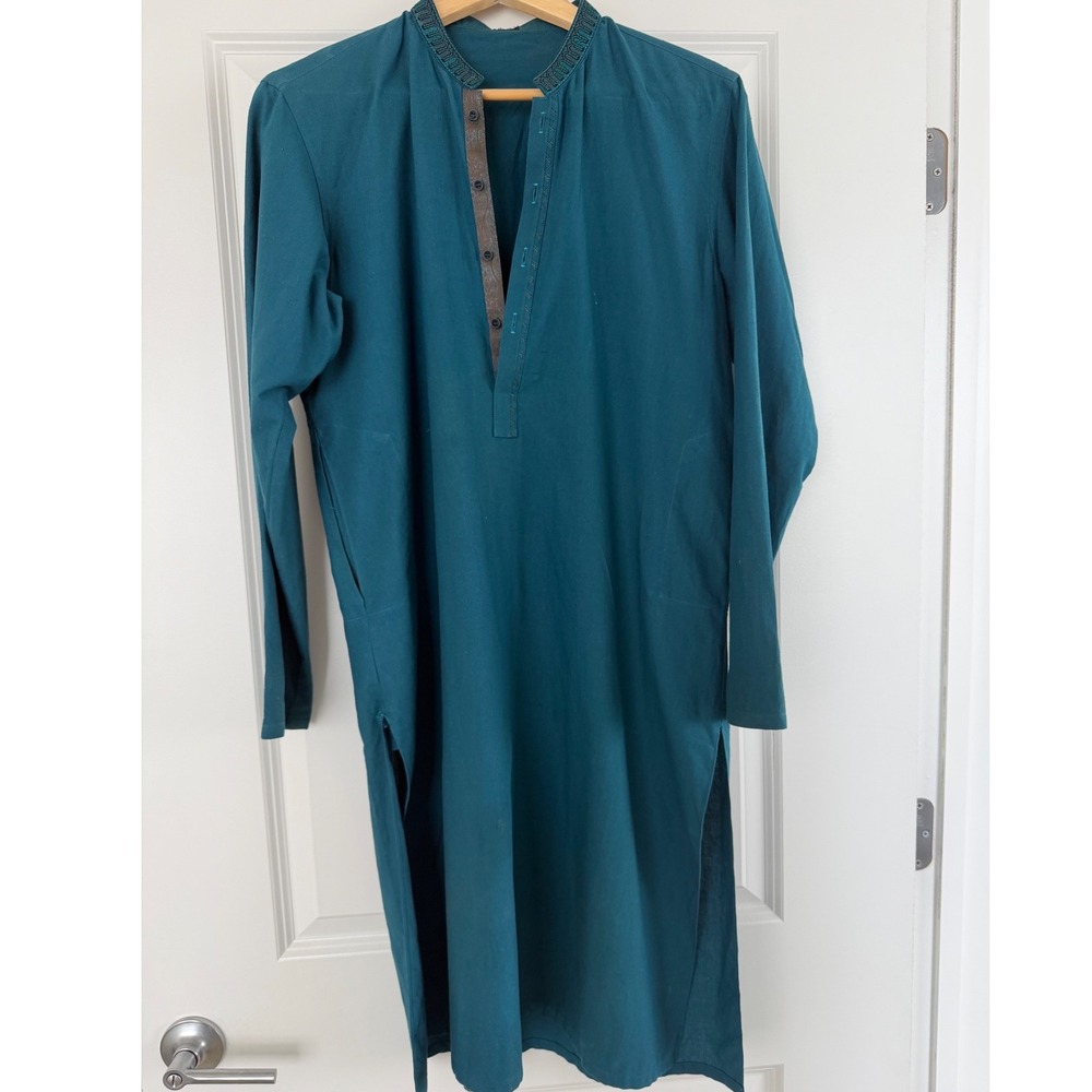 J. Junaid Jamshed Kurta Men Large Teal Blue Embroidered Kameez Tunic Excellent